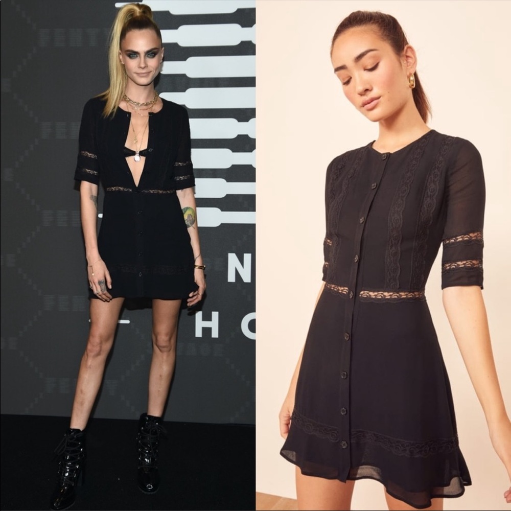 Reformation Sonnet Black Lace Trim Mini Dress 0